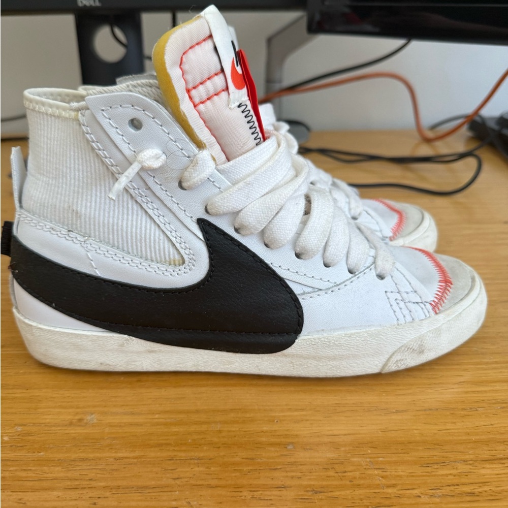 Nike Kids White High-Top Sneakers with Black Swoosh and Red Accents
